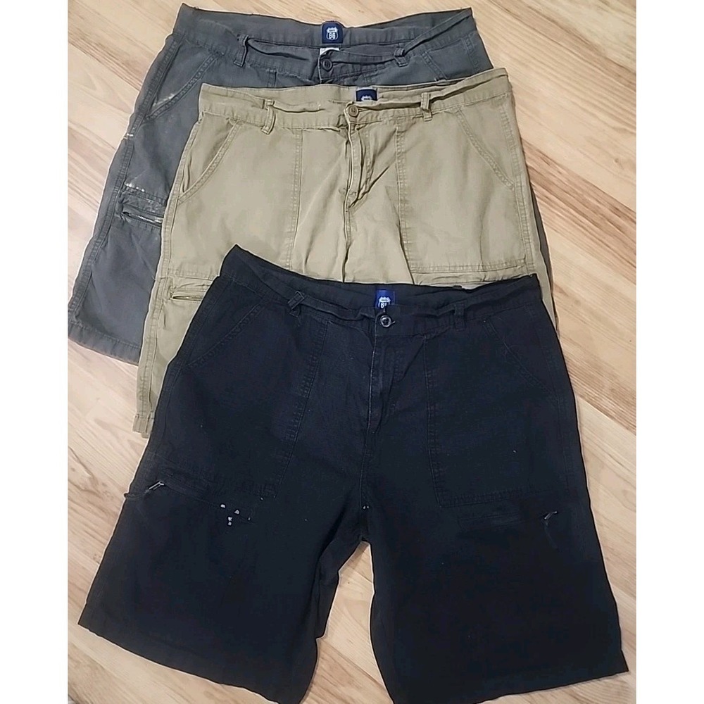 Mens Cargo Shorts Sz 38 Vtg Khaki Gray Black Distressed 6 Pockets Y2K Route 66